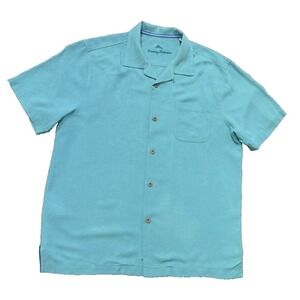 Tommy Bahama 100% Silk Blue Turquoise Floral Embossed Shirt Button Front Size M